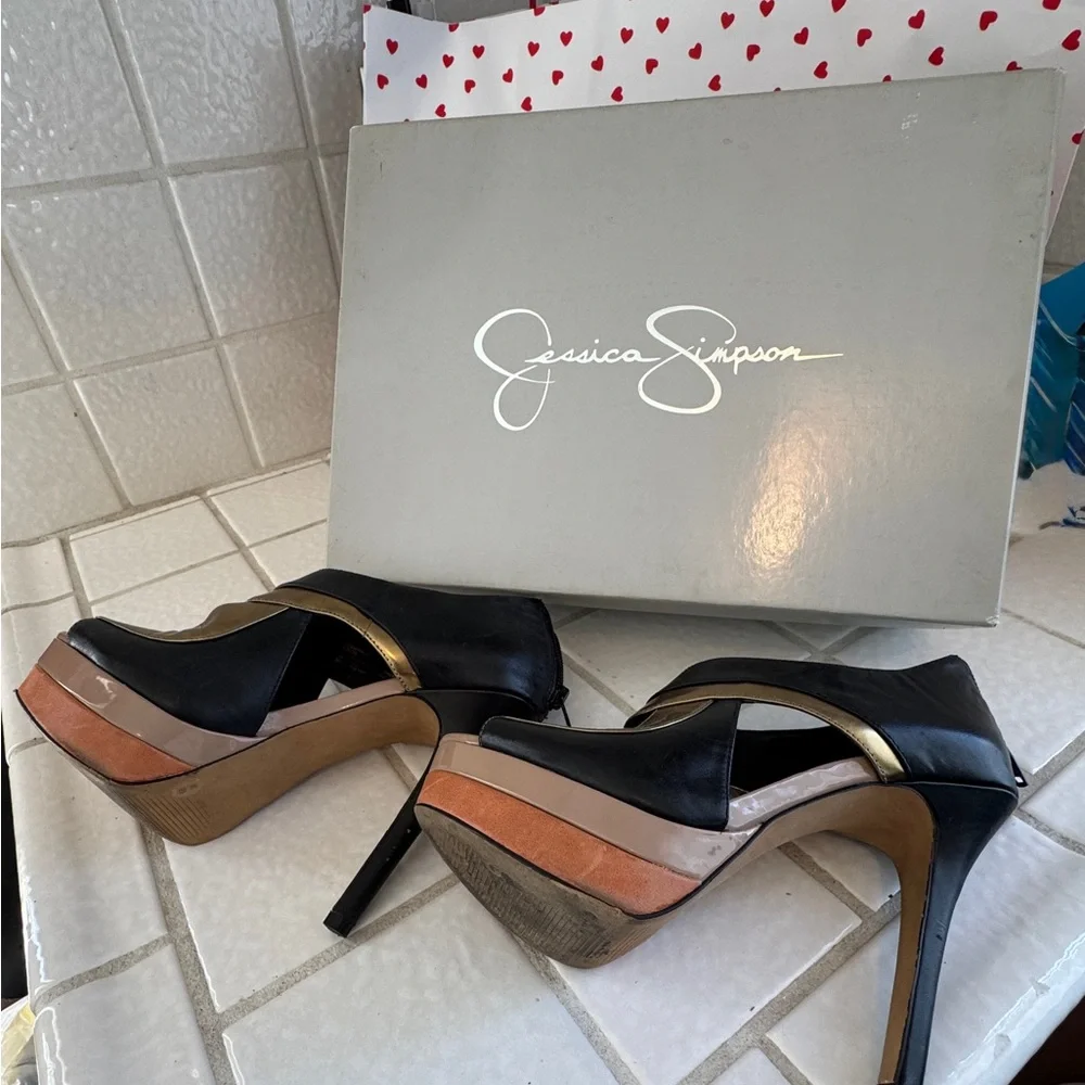 Jessica Simpson Black and Gold Cutout High-Heel Sandals - Picture 2 of 6